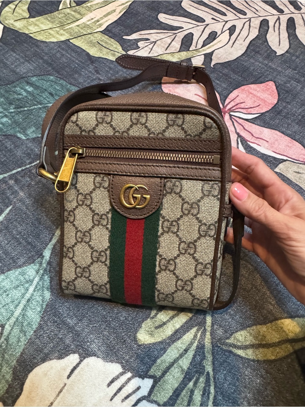 Gucci Brown GG Supreme Canvas Crossbody with Red & Green Web